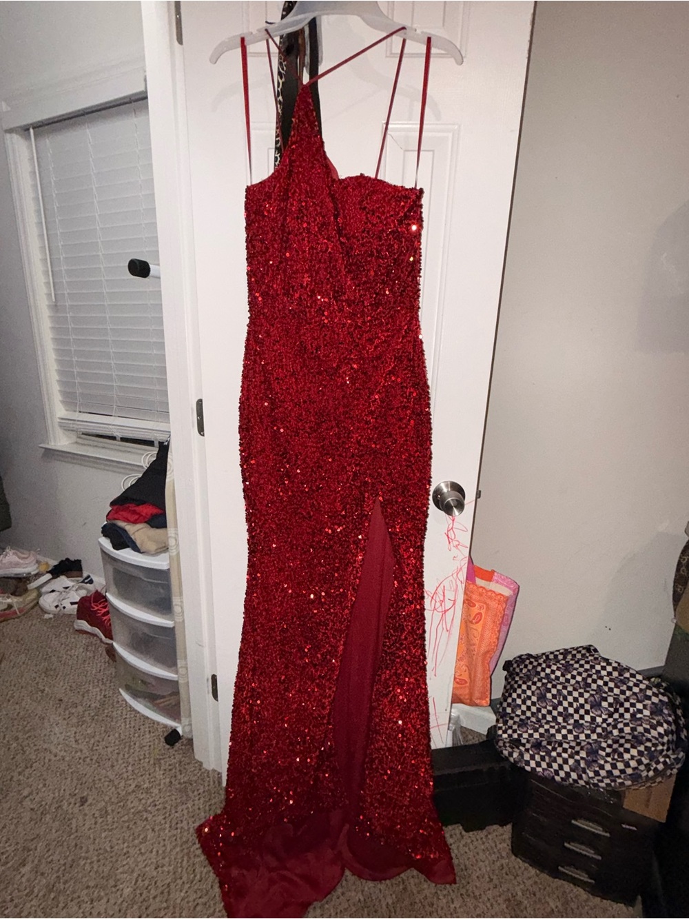 Red Sequin Evening Gown with Side Slit